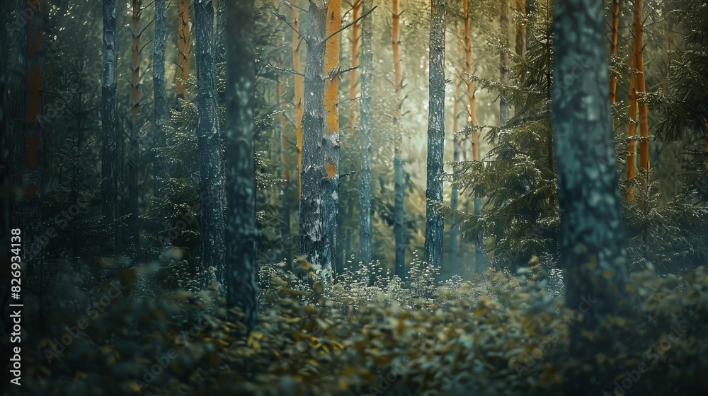 Realistic photography of coniferous forest. Abstract background of a northern forest Realistic photography of coniferous forest. Abstract background of a northern forest