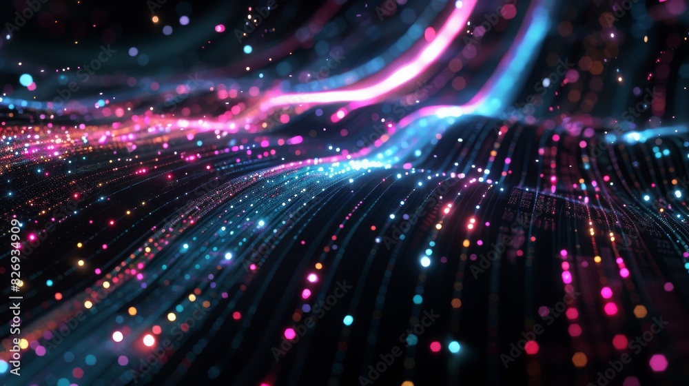 Slick, glossy black surfaces intersected by glowing, random red green yellow purple orange gold pink and blue neon lines, conveying a high-speed data network in motion. Slick, glossy black surfaces intersected by glowing, random red green yellow purple orange gold pink and blue neon lines, conveying a high-speed data network in motion.