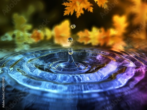 Splash of a water droplet in a pond creating ripples that form mystical runes on the surface