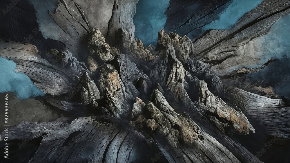 Abstract background, which combines rock textures with wooden textures, blue, gray and black colors.