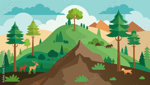The reforestation of a once barren mountainside with tall trees now providing shade and habitat to various animal species.. Vector illustration