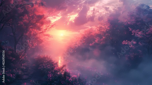dreamy forest bathed in soft liquid hues at twilight