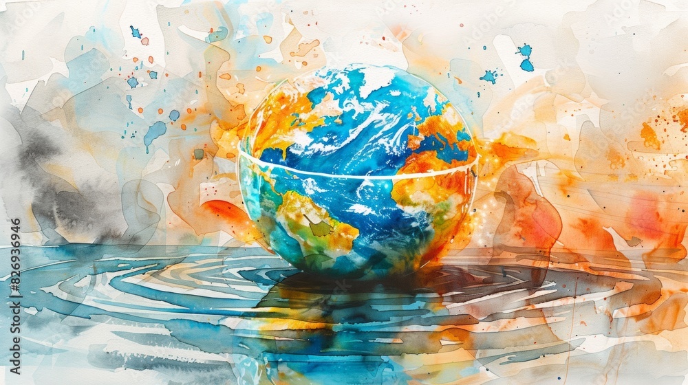 A vivid watercolor illustration capturing a surreal scene of the globe being boiled in a large pot, symbolizing environmental stress and global changes, rendered in a unique and eye-catching style
