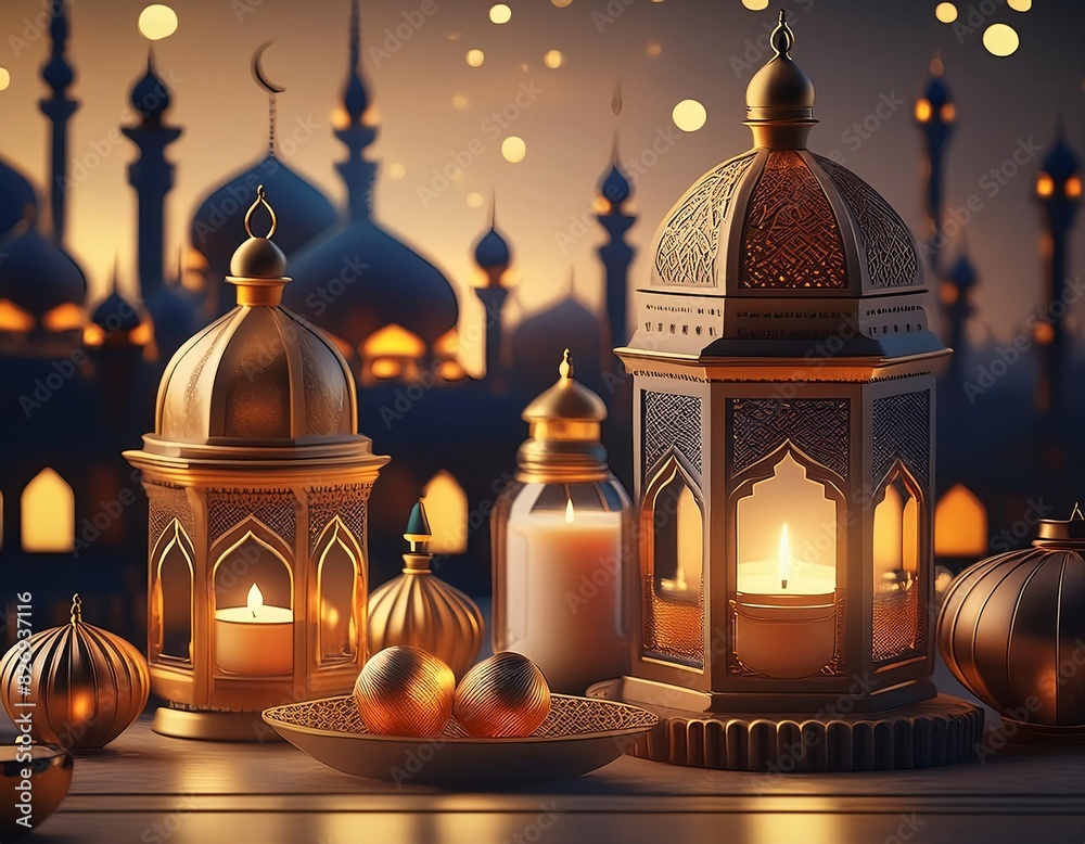 muslim eid mubarak lantern and mosque with social media concept poster . generative ai muslim eid mubarak lantern and mosque with social media concept poster . generative ai