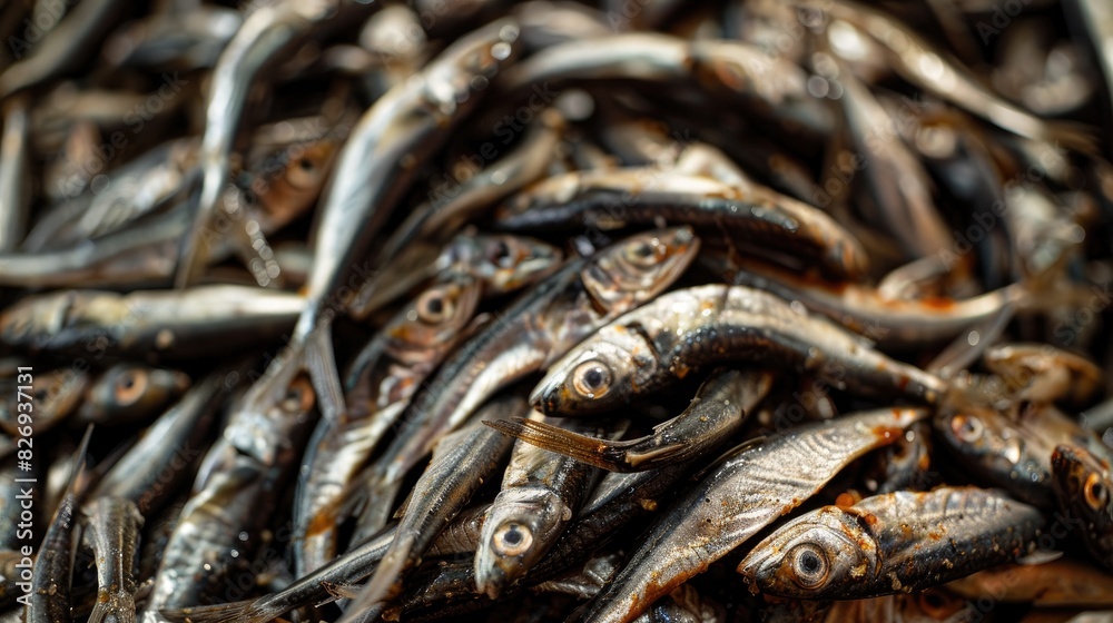 Harvested and dried anchovies pile Harvested and dried anchovies pile