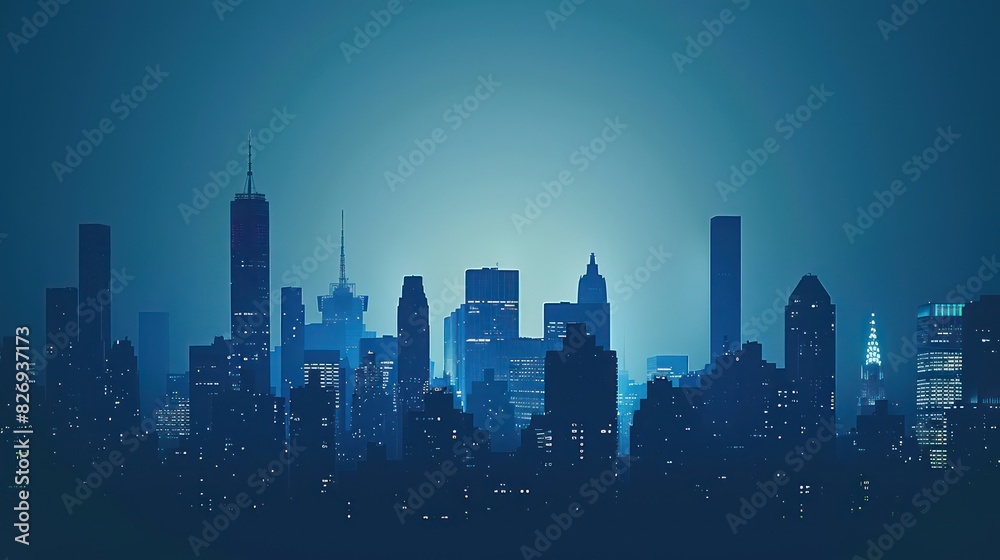 city panoramic view of a city skyline with skyscrapers, nice silhouette and dark ambiance

