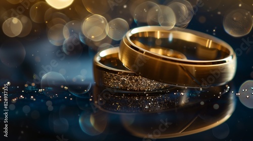 : Elegant designer wedding rings on a dazzling background, capturing the essence of love and commitment.