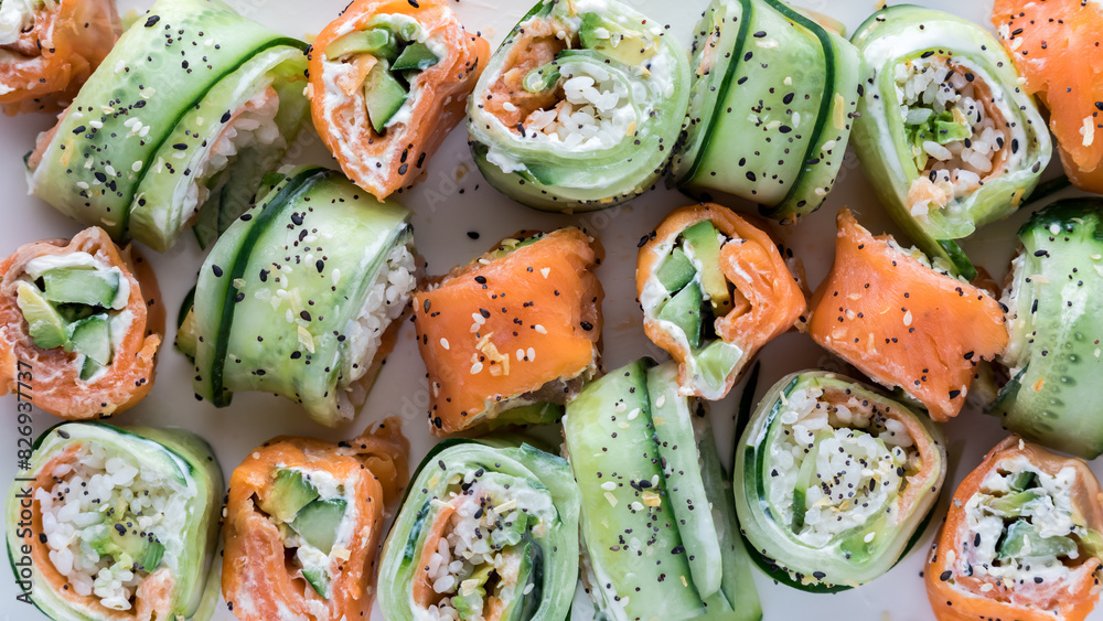 Various cucumber sushi and smoked salmon rolls with everything bagel seasoning.