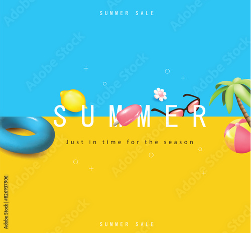Colorful Summer promotion banner with summer tropical beach vibes decoration background 