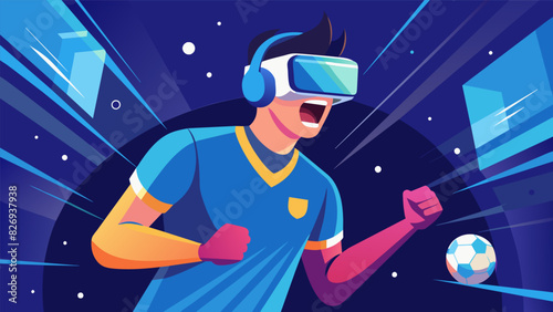 A player using a virtual reality headset to experience the intensity and speed of a gamewinning overtime goal.. Vector illustration photo