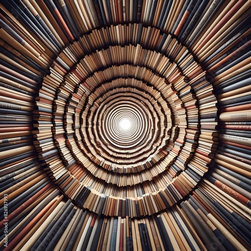 A circular tunnel-like structure composed of numerous books with their spines facing outward creates a visually captivating pattern that draws the eye toward the center of the tunnel generated by ai