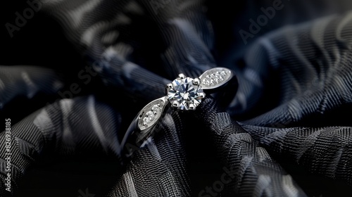   Jewelry rings adorned with diamonds delicately placed on black cloth  with a soft focus effect enhancing their allure and elegance.