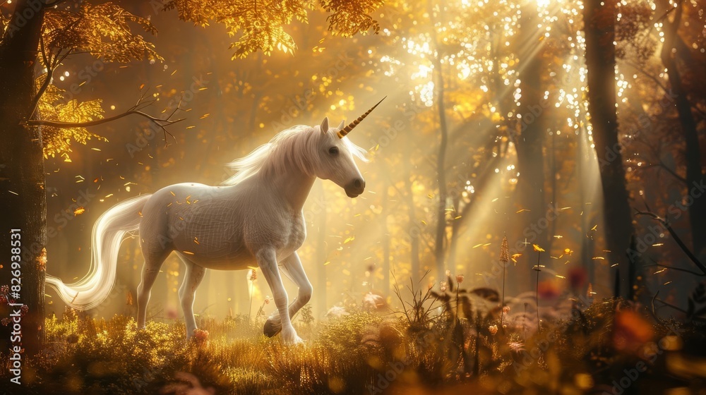 mythical unicorn enchanting creature prances through a magical forest glade fantasy digital art