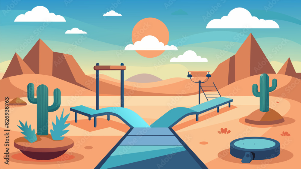 Fototapeta premium Feeling adventurous Embark on the VR parks desert fitness trail where virtual sand dunes and cacti provide the backdrop as you tackle unique physical. Vector illustration