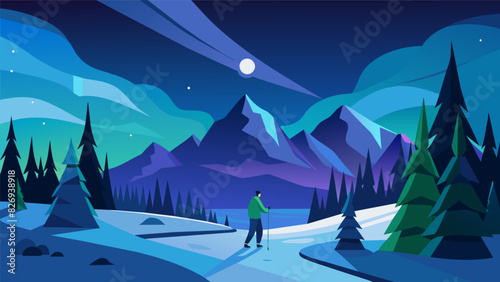 Enjoy a peaceful evening outing on the virtual ski trails taking in the stunning northern lights and ling stars above.. Vector illustration