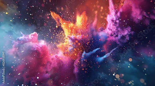 A 3D abstract background with a chaotic explosion of colorful particles photo
