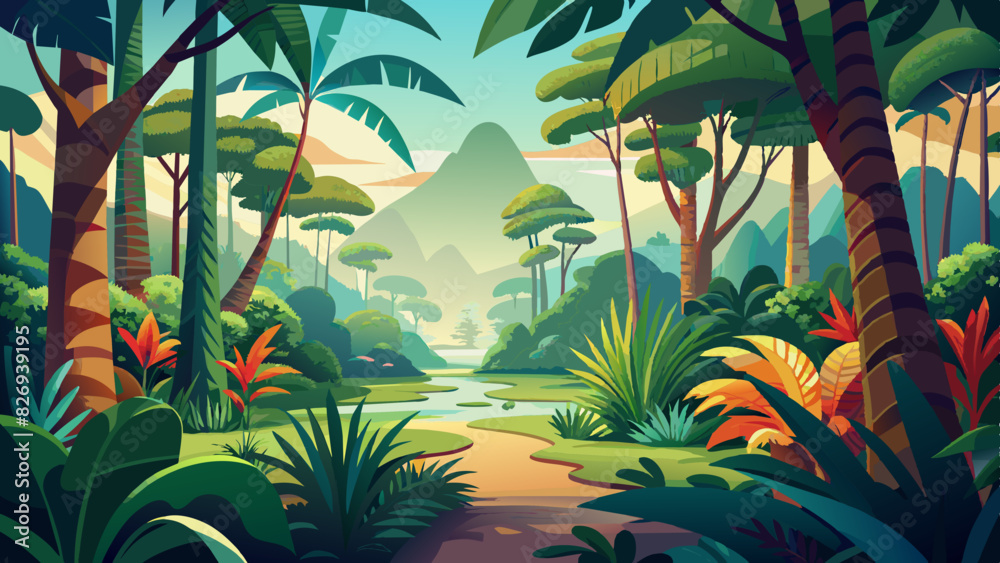 Tropical jungle background. Tropical jungle landscape vector illustration