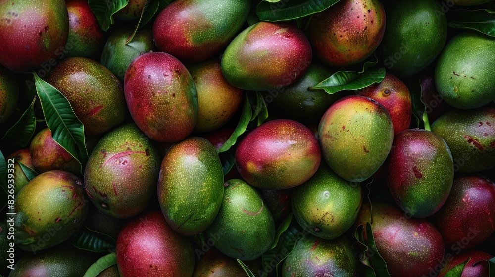 Ripe mangoes with green leaves, fresh tropical fruits for healthy eating and nutrition concept Ripe mangoes with green leaves, fresh tropical fruits for healthy eating and nutrition concept