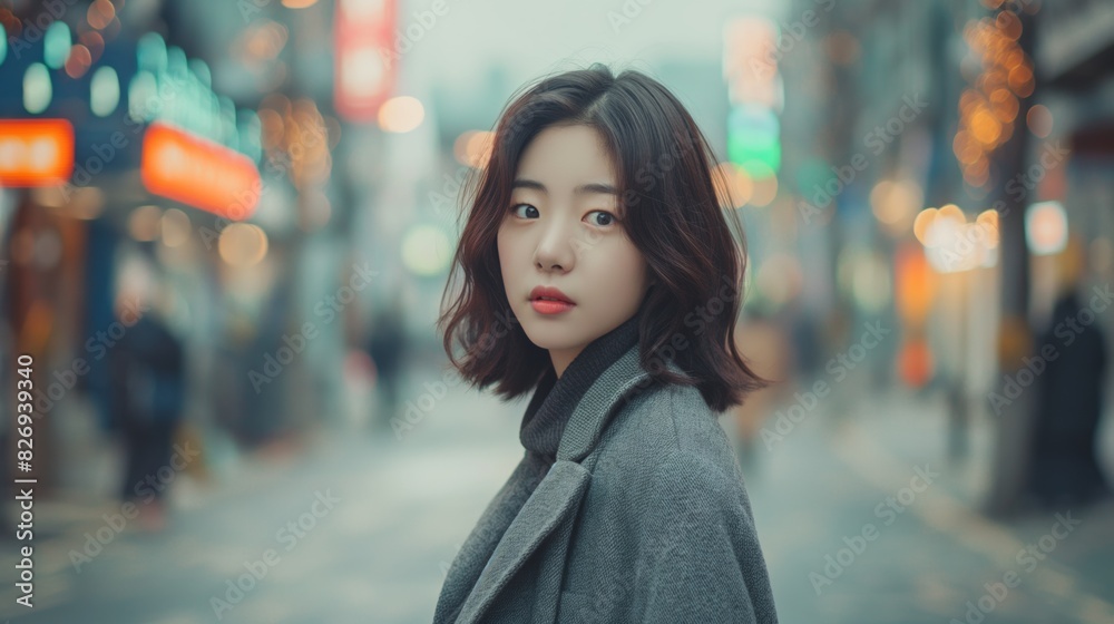 Young Asian woman stands in bustling city street on cloudy day.