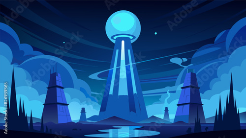 An electric blue hue emanating from the towering reactor towers casting an otherworldly glow on the surrounding area.. Vector illustration