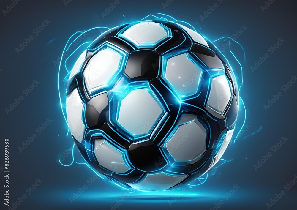 Naklejka premium Futuristic Soccer Ball with Blue Glowing Neon Lights on Transparent Background.