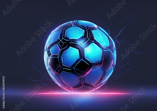 Futuristic Soccer Ball with Blue Glowing Neon Lights on Transparent Background.