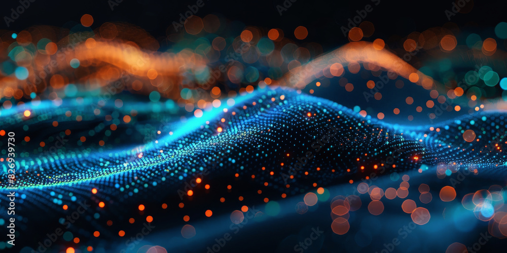 3d dark green blue neon lines wave dots representing digital binary data. Concept for big data, deep machine learning, artificial intelligence, business technology ,futuristic.banner 3d dark green blue neon lines wave dots representing digital binary data. Concept for big data, deep machine learning, artificial intelligence, business technology ,futuristic.banner