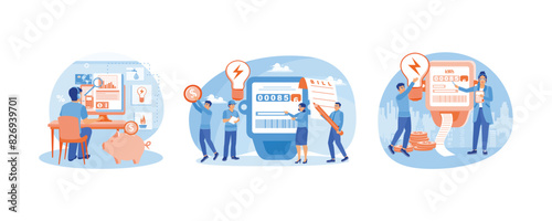 Man checking electricity bill. People pay electricity bills. Regular payments every month. Utility bills concept. Set flat vector illustration. photo