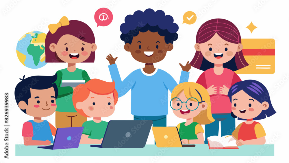 A group of kids from different parts of the world come together in a virtual language class eager to learn from each others cultures and languages.. Vector illustration A group of kids from different parts of the world come together in a virtual language class eager to learn from each others cultures and languages.. Vector illustration