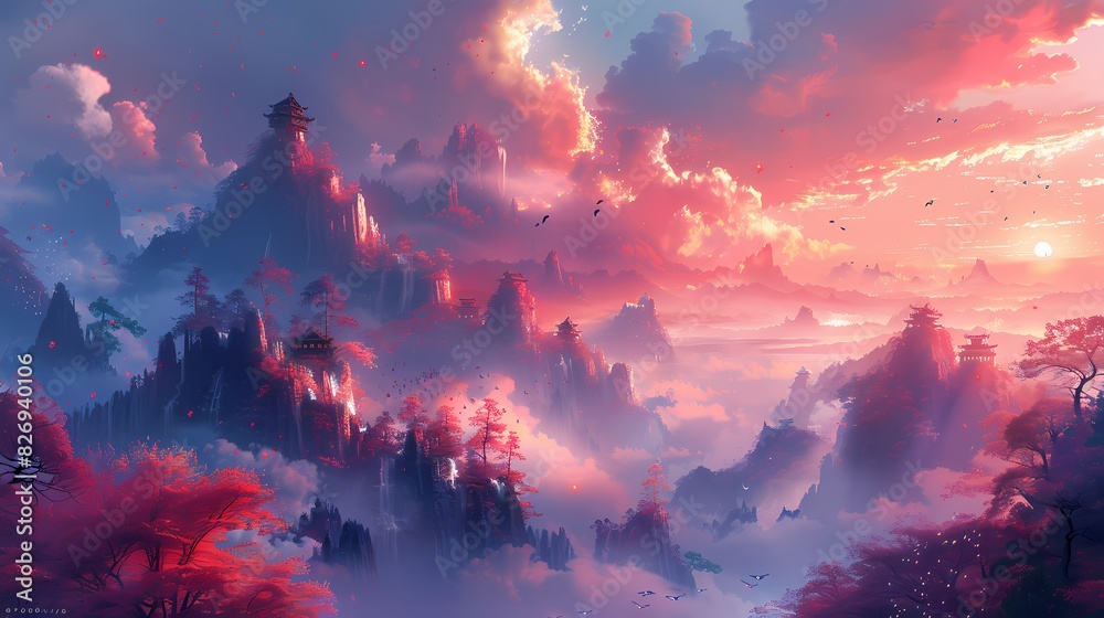 fantasy landscape with floating islands surrounded by soft liquid hues