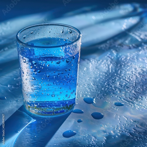 water blue colored glass on a tabletop with condensation and amazing light