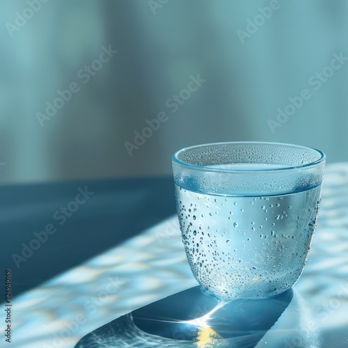 water blue colored glass on a tabletop with condensation and amazing light