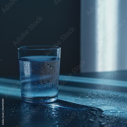 water blue colored glass on a tabletop with condensation and amazing light