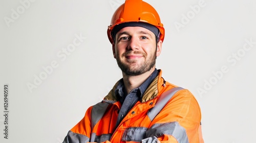 smiling male road worker in uniform and helmet isolated on white background studio portrait © furyon