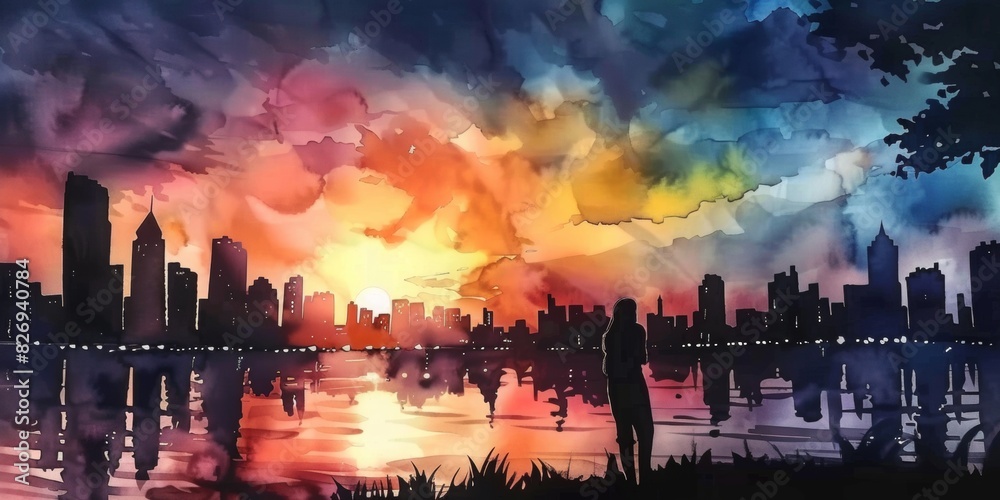 A watercolor painting of a city skyline in background, sunset colors, romantic mood, dreamy atmosphere. Water color, soft brush strokes, pastel hues