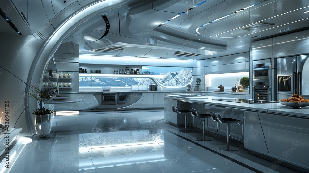 Obraz premium Virtual reality simulation of a futuristic kitchen design, with high-tech appliances and sleek finishes Generative AI