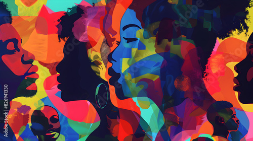A colorful abstract illustration depicting a group of good-looking black people celebrating Black History Month and Juneteenth, advocating for racial equality and justice,... photo