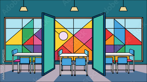 A stained glass divider in a classroom utilizing color therapy to enhance students focus and creativity.. Vector illustration