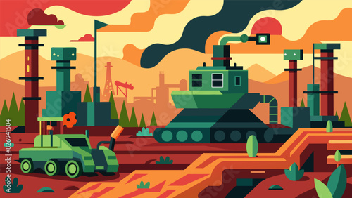 The oncepristine ground is now marked by chaotic patterns of machinery tanks and pipes.. Vector illustration