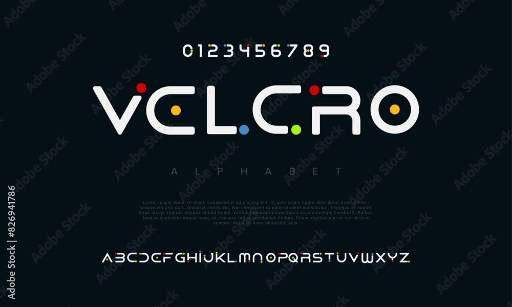 Fototapeta premium Velcro creative geometric modern urban alphabet font. Digital abstract futuristic, fashion, sport, minimal technology typography. Simple numeric vector illustration