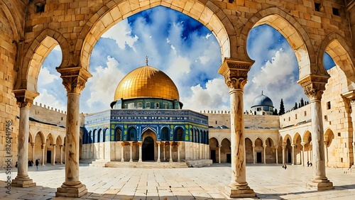 Al Aqsa Mosque background in Jerusalem with watercolor painting art. Islamic Architecture