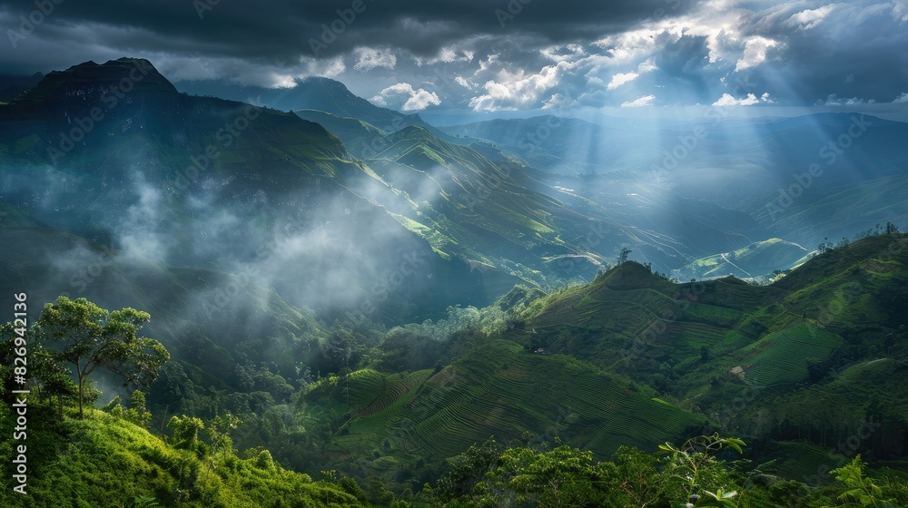 Obraz premium grass field wallpaper. landscape forest with fog wallpaper. landscape forest with mountains and fog. landscape mountains with fog wallpaper. forest with fog background. Fantasy landscape forest.