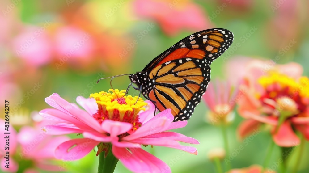 Naklejka premium Vibrant Monarch Butterfly Sipping Nectar from Pink Flower in Colorful Garden Close-Up, Macro Photography
