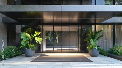 entry to modern apartment complex, modern and trendy architecture