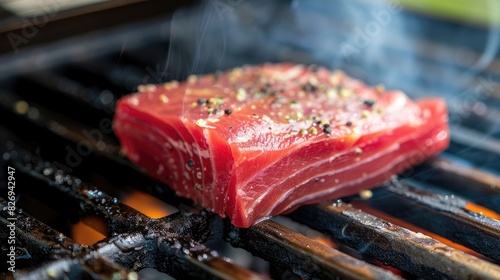 Tasty uncooked tuna steak for grilling on deck