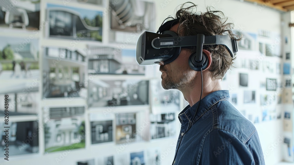 Architect using VR headset to explore and modify interior design elements of a building Generative AI