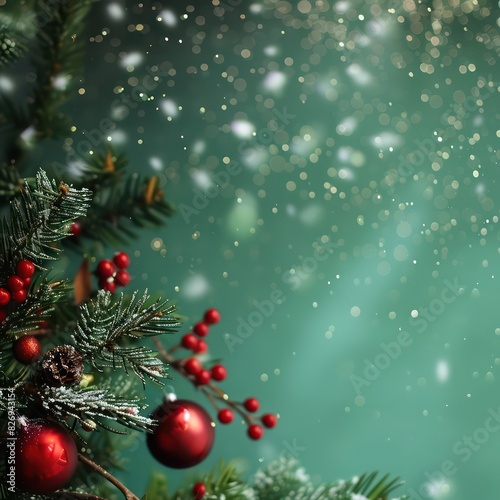 christmas backdrop with blank space  green gradient background with snow falling and other season elements 