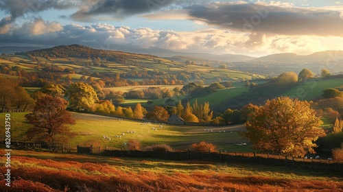 Autumn landscape showing panoramic view of hills and fields