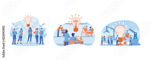 Business team holding meeting. Discussing together during meeting. Find new idea solutions. Brainstorming concepts. Set flat vector illustration.