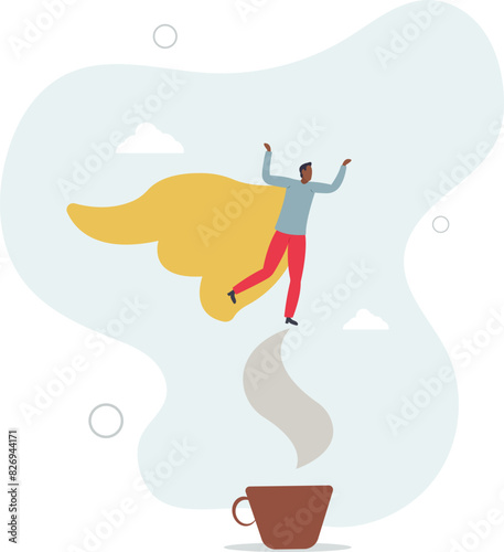 businessman superhero flying from mug of coffee.flat vector illustration.